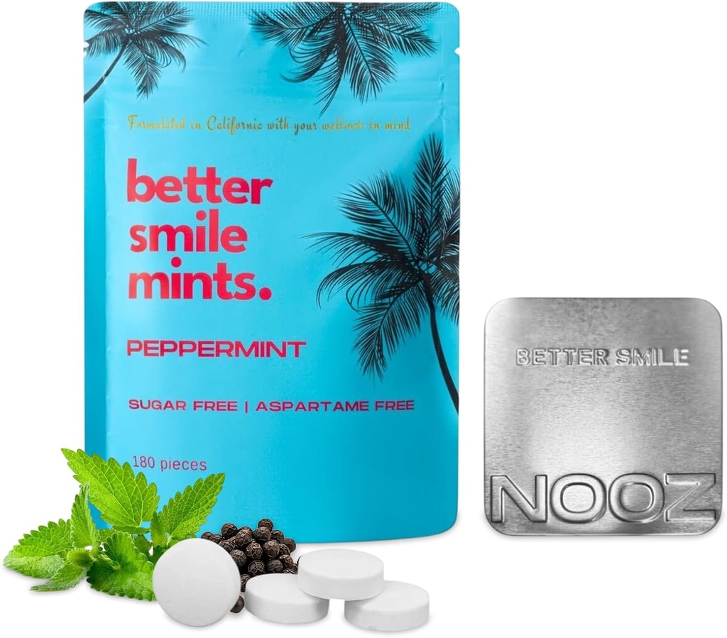 NOOZ bedre Smile Mints - 180 Greve - 124; Oral Health & Fresh Breakfast Support - 124; Gum & Tandpleje, pH balance - 124; Sugar- Free, Aspartame- Free - 124; Pebermynte Flavor - 124; Inkluderer Premium Refillable Tin