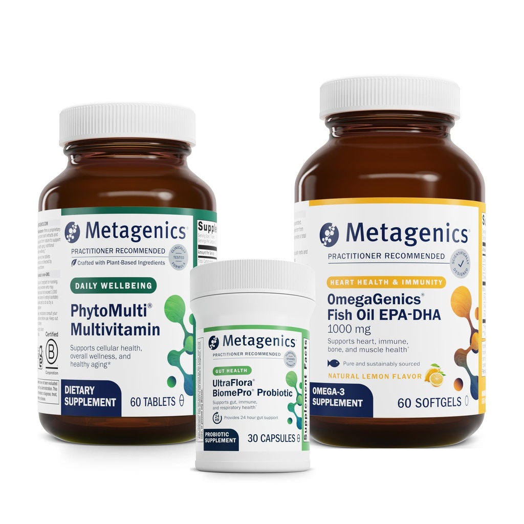 Metagenics PhytoMulti - 60 tabletter, OmegaGenics EPA- DHA 1000- 60 Softgels, og UltraFlora BiomePro - 30 kapsler