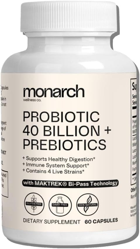 Probiotisk 40 Millioner + Prebiotika: 4 Diverse Stains - fordøjelsessygdomme & Gut Sundhed (60 Kapsler) - Probiotika til kvinder & mænd - Natural Measures 124; Gut Health & Immunsupport Supplement
