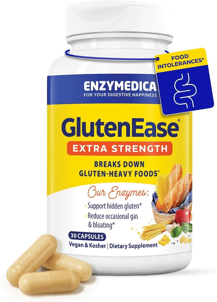 Enzymedica GlutenEase Extra Strength, Avanceret Gluten fordøjelsesenzymer til kvinder og mænd, Hurtigvirkende formel for bloating Relief & fordøjelsessygdomme, 30 kapsler