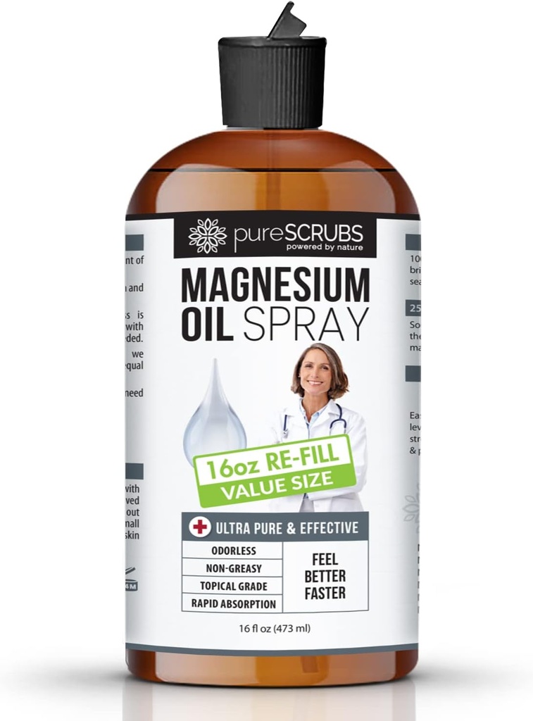 Pure Magnesium Oil, Bedste Værdi - Stor 16oz Re- Fyld Størrelse (12 Måned Tilgang), Organic Zechstein Brun - Føl bedre hurtigere.