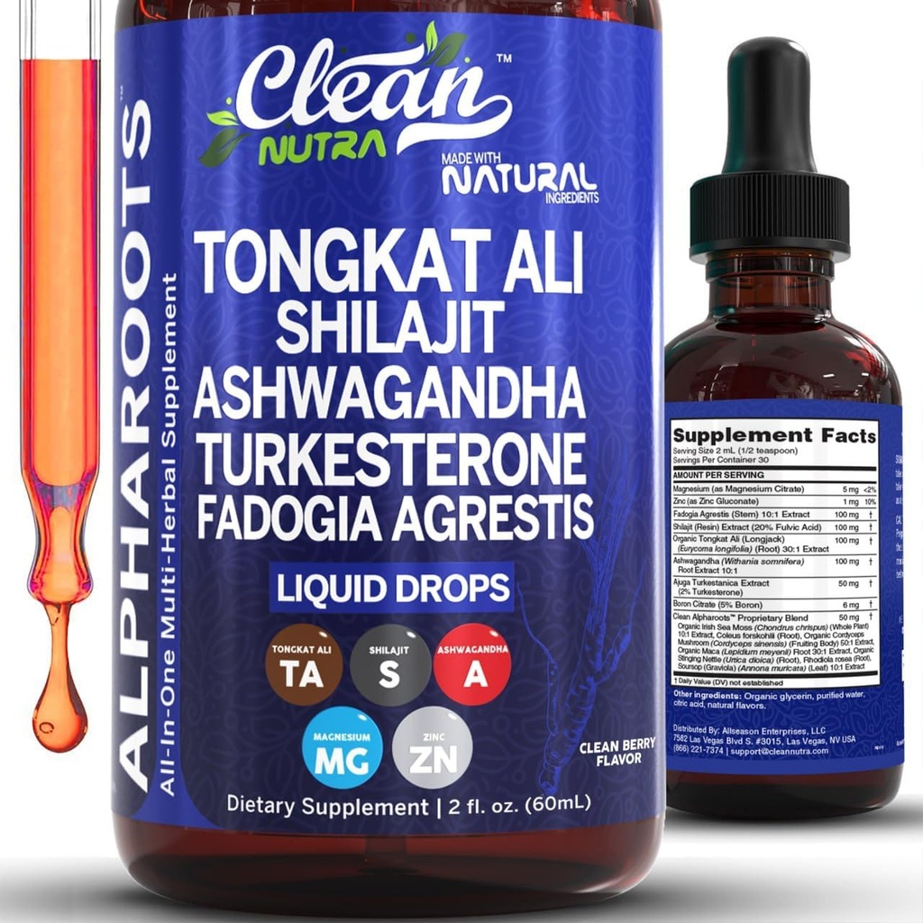 Tongkat Ali Liquid Drops Shilajit, Ashwagandha, Turkesterone, Fadogia Agrestis, Magnesium, Irish Sea Moss og Zink Herbal Supplement af Clean Nutra