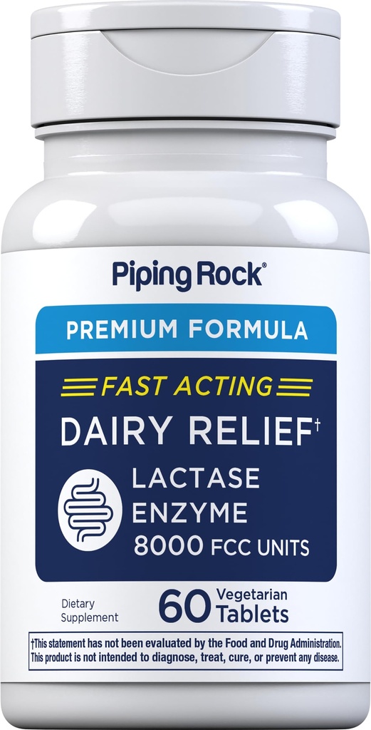 Piping Rock Dairy Relief Pills - 124; 9000 FCC - 124; 60 tabletter - 124; Lactase Enzyme - Supplement - 124; Vegetar, Non- GMO, Gluten Free