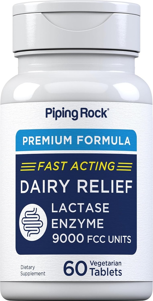 Piping Rock Dairy Relief Pills - 124; 9000 FCC - 124; 60 tabletter - 124; Lactase Enzyme - Supplement - 124; Vegetar, Non- GMO, Gluten Free