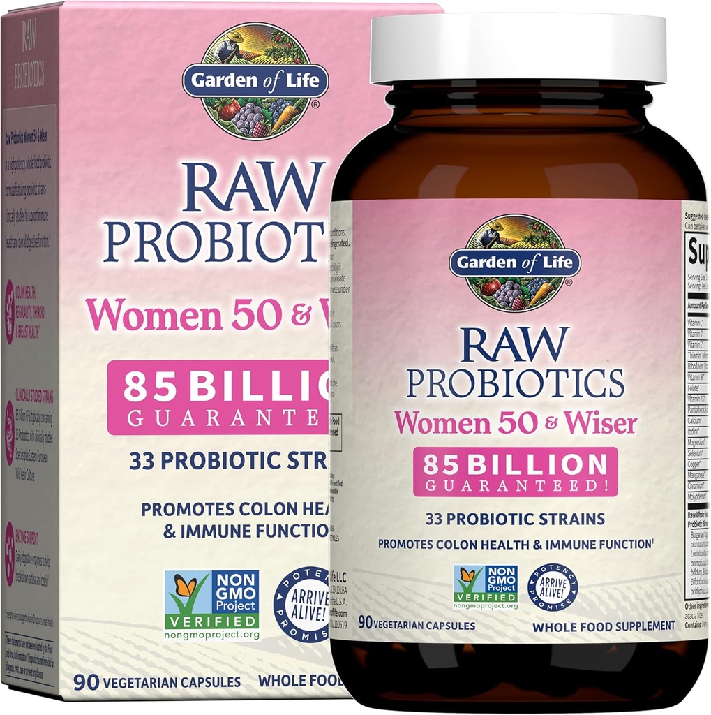 Garden of Life Raw Probiotics for Women Over 50-50 & Wiser Women's Probiotic with Acidophilus, Live Cultures, Probiotic - Created Vitamins, Enzymes, Prebiotics - 90 Vegetarian Capsules