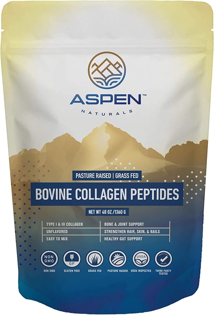 ASPEN NATURALS Græs fodret Bovin Collagen Peptider Powder 3lb - Collagen for Women, USA Sourced from USDA Inspected Catle, Gluten Free, Paleo Friendly, Vand Opløselig, Flavorless, Nemt Blandinger