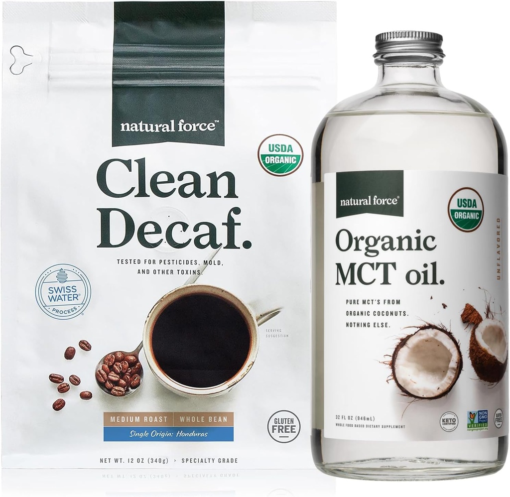 Natural Force Organic Clean Decaf Coffee + Organic MCT Oil Bundle - 100% Pure Coconut MCT & Mold & Mycotoksin Free Coffee - Non-GMO, Keto, Paleo og Vegan - 12 Oz og 32 Oz
