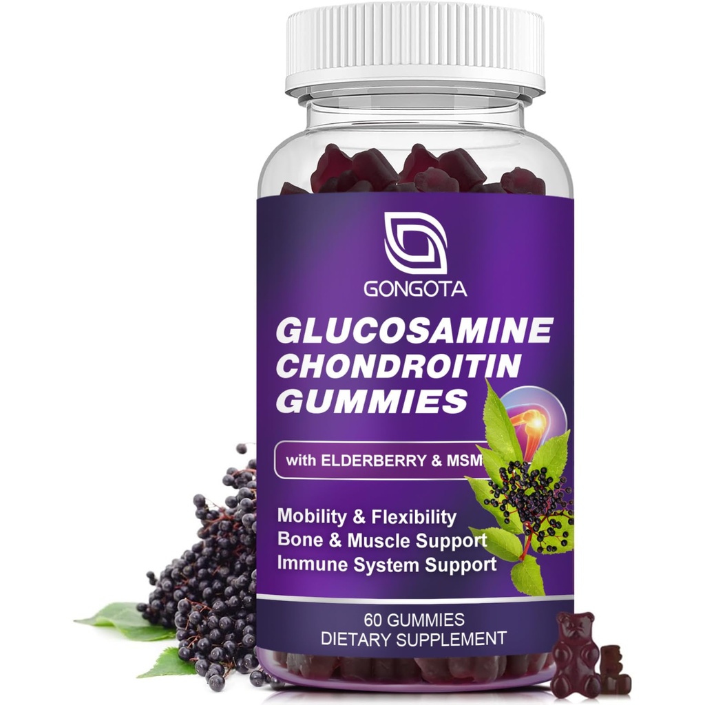 Glucosamin Chondroitin Gummies - 2- Pack, Extra Strength 1500mg Glucosamin med MSM & Elderberry, Fleksibilitetsunderstøttelse, bedste cartiage & immunsupport supplement til mænd og kvinder - 60count (1 pakke)