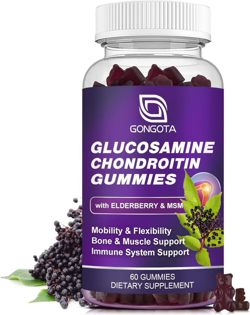 Glucosamin Chondroitin Gummies - 2- Pack, Extra Strength 1500mg Glucosamin med MSM & Elderberry, Fleksibilitetsunderstøttelse, bedste cartiage & immunsupport supplement til mænd og kvinder - 60count (1 pakke)