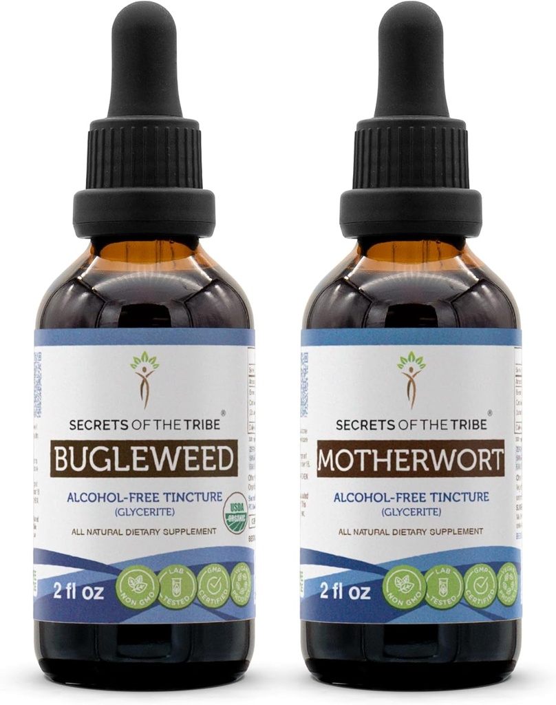 Bugleweed USDA Organic and Motherwort Liquid Extract (2 pcs.) | Alcohol-Free Tinctures | Organic Bugleweed (Ze Lan, Lycopus Virginicus) and Motherwort (Leonurus Cardiaca) Dried Herb (2x2 fl oz)