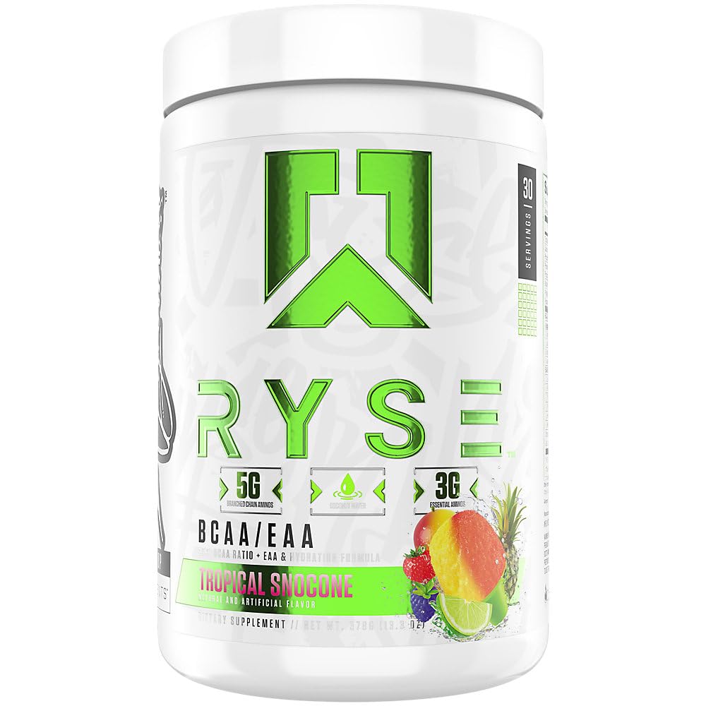 RYSE BCAA EAA Powder - Tropical Snocone - 5g forgrenet kæde Aminosyrer, 3g Essential Aminos, Sugar- Free Electrolytes for Muscle Recovery, Endurance, Hydration og Styrke - 30 Serveringer