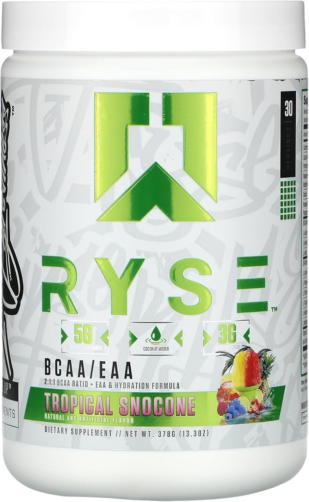 RYSE BCAA EAA Powder - Tropical Snocone - 5g forgrenet kæde Aminosyrer, 3g Essential Aminos, Sugar- Free Electrolytes for Muscle Recovery, Endurance, Hydration og Styrke - 30 Serveringer