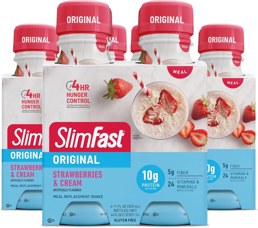 SlimFast Meal udskiftning Shake, Original Jordbær & Cream, 10g klar til at drikke protein til vægttab, 11 Fl. Oz flaske, 4 greve (pakke af 3) (Packaging May Vary)