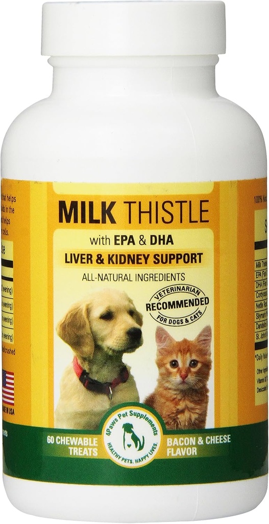 Mælk Thistle lever & Nyre supplement til hunde og katte med DHA, EPA, Silymarin, og B-vitamin (B1 B2 B6 B12) til at forebygge lever og nyresygdom - 60 tyggetojer - Bacon ost flavor