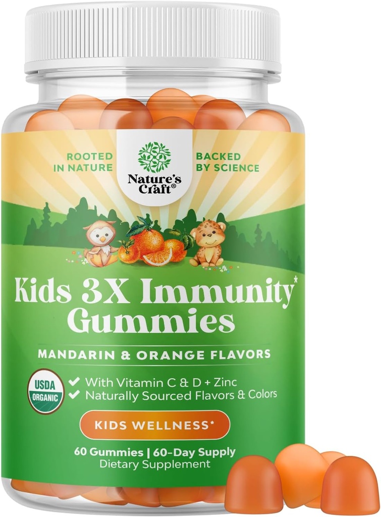 Natures Craft Organic Kids Immunsupport Gummies - Vegansk Organic Vitamin D Gummies for Kids med C-vitamin og Zink til Immunitet - D3 Zink og C Gluten Free & Non GMO (60 Servere)