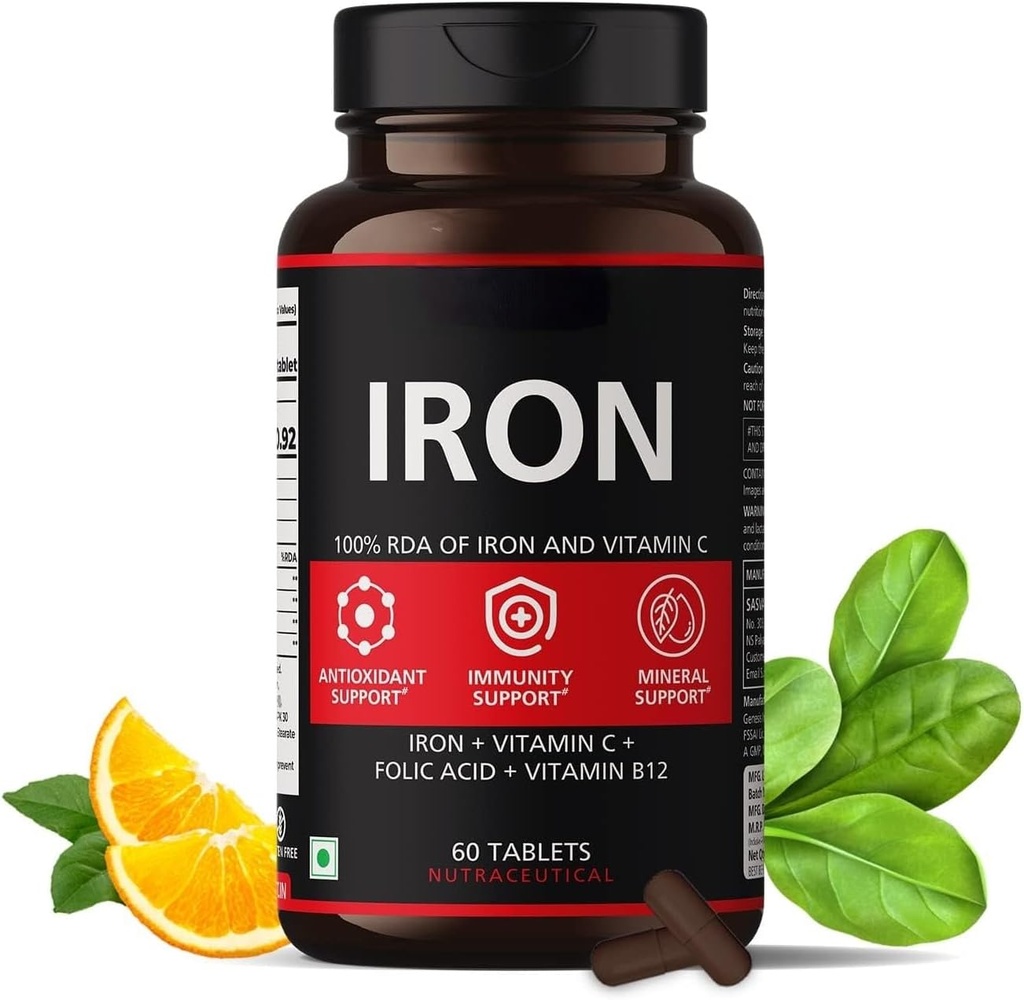 Jerntilskud til kvinder og mænd med C-vitamin, folinsyre & B12-vitamin - jerntabletter hjælper med at understøtte energi - 60 Veg tabletter