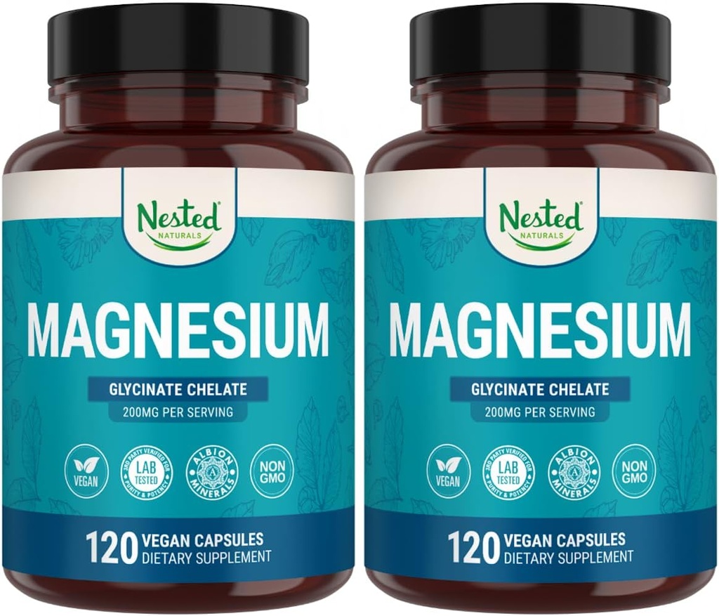 Nested Naturals Magnesium Glycinate Chelat - 200mg Chelated Magnesium Supplement for Muskelkramper, Afslapning, & Sleep Support - 100% Albion TRACS Buffered Magnesium Glycinate - 240 Vegankapsler