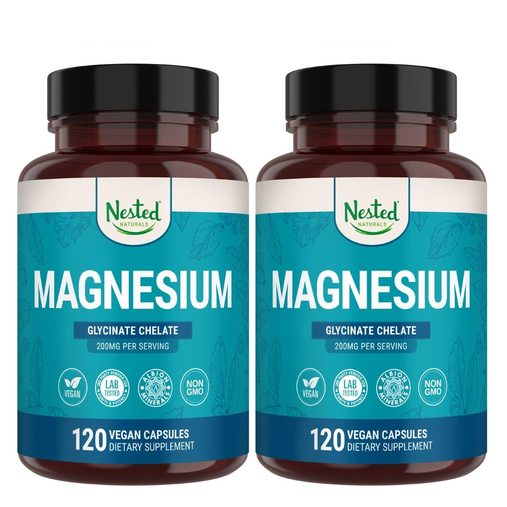Nested Naturals Magnesium Glycinate Chelat - 200mg Chelated Magnesium Supplement for Muskelkramper, Afslapning, & Sleep Support - 100% Albion TRACS Buffered Magnesium Glycinate - 240 Vegankapsler