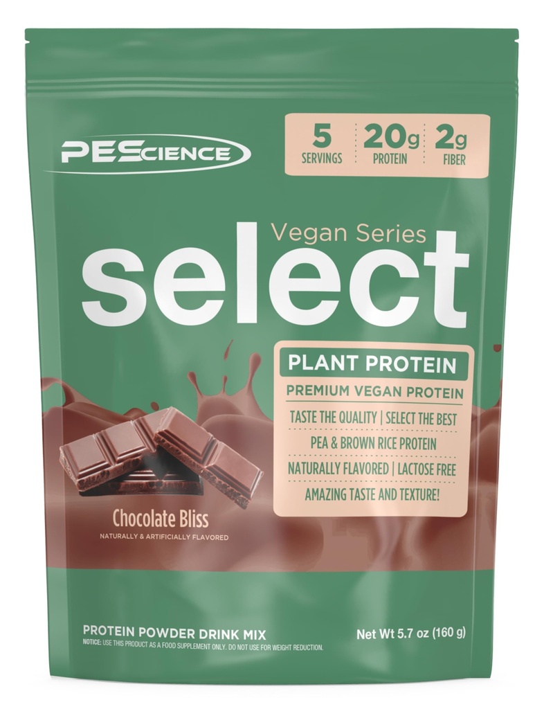 PEScience Select Vegan Protein Powder, Plant Based Protein Powder, Amazing Taste, Smooth Texture, Pea and Brown Rice Blend, Dairy Free, Lactose Free, Gluten Free - Chocolate Bliss, 5 Servings