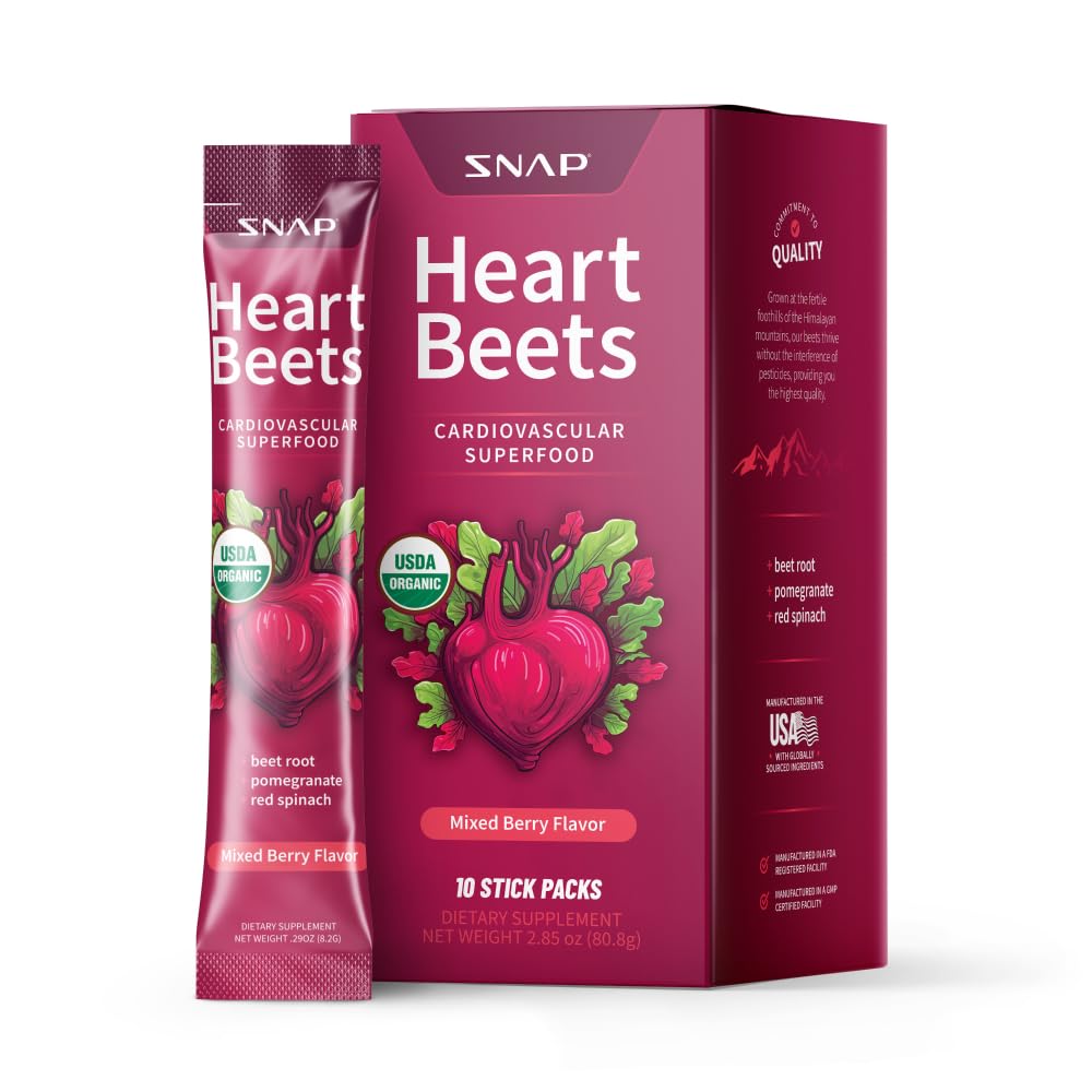 Snap Kosttilskud Heart Beets Stick Packs, Organic Beet Root Powder Drink Mix, Kardiovaskulær støtte til mænd og kvinder, Beets, Pomegranat & Rød Spinat, Nitrooxid Booster, Blandede bær, 10 Servere