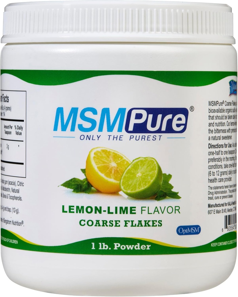 KALA SUNDHED MSMPure Lemon Lime Flavored Coass MSM Powder Flakes - US- Made MSM for fælles sundhed, hud udseende, og hår & negle støtte - 1 LB, Økologisk svovl