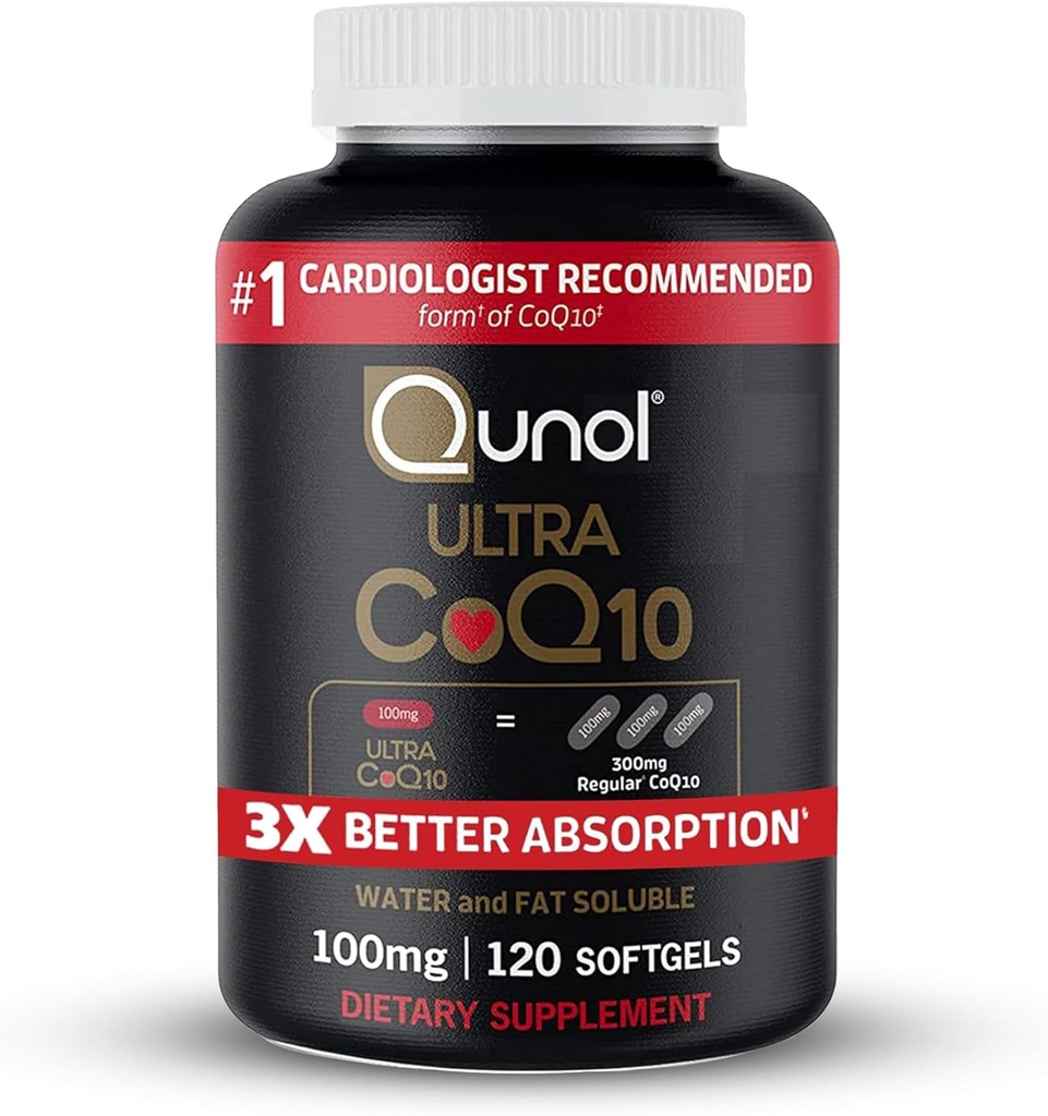 Qunol CoQ10 100mg Softgel, Ultra CoQ10 100mg, 3x Bedre Absorption, Antioxidant til Heart Health & Energy Production, Coenzym Q10 Vitamin og Kosttilskud, 4 Måned Supply, 120 Count