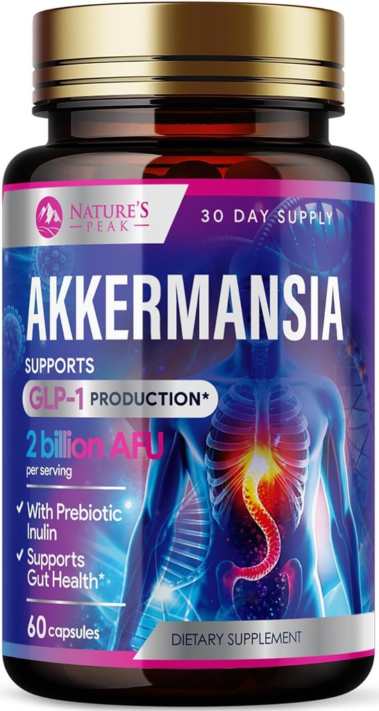 Akkermansia Probiotisk supplement - 2 milliarder AFU GLP-1 Supplement med Prebiotic Fiber - Akkermansia Muciniphila GLP-1 Probiotika til kvinder & mænd - fordøjelsesmæssige, Gut & immunforsvar - 60 kapsler