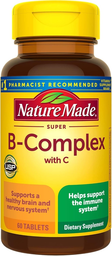 Natur Lavet Super B Kompleks med C-vitamin og folinsyre, Kosttilskud til cellulær energistøtte, 60 tabletter, 60 dages forsyning