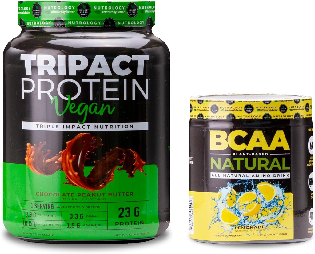 Nutrologi TRIPACT Vegan Protein Powder, for Vegan Protein Shakes, Chokolade Peanut Butter (20 Servere) BCAA Natural, Plant Based BCAA Powder, Lemonade Flavor (30 Servere)
