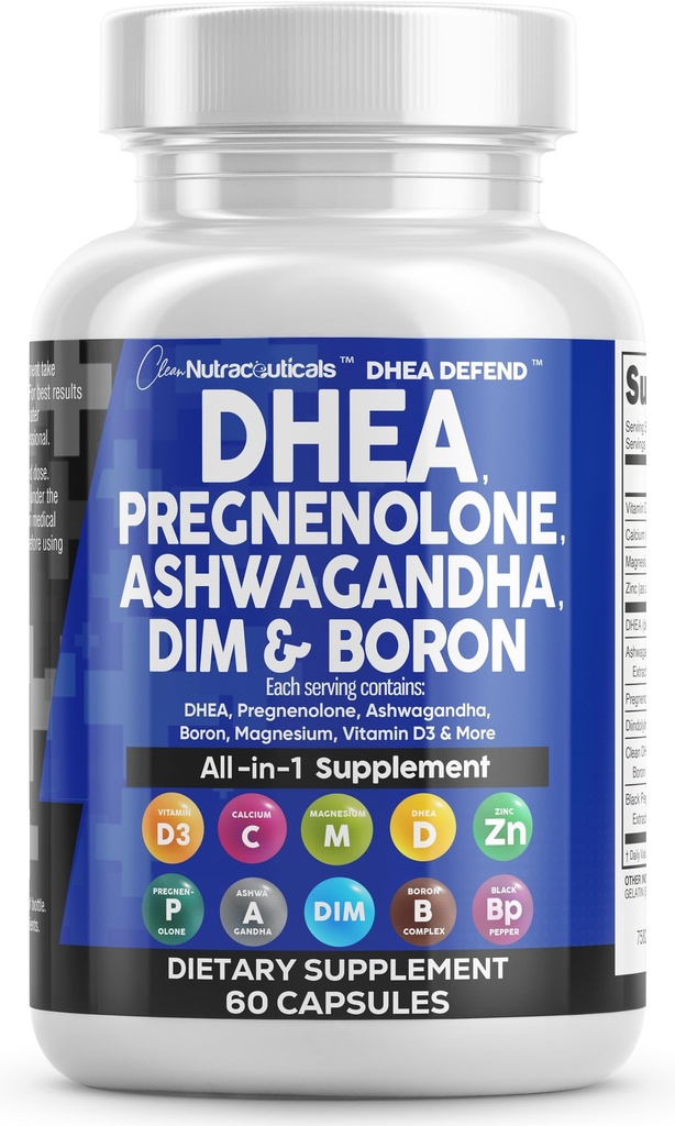 DHEA 200mg Supplement Graphenolon 100mg til mænd og kvinder med DIM Ashwagandha Boron 6mg Complex Calcium Magnesium Zink 50mg Vitamin D3 5000 iu Hormone Support Capsules Pills - Made in USA 60 Ct