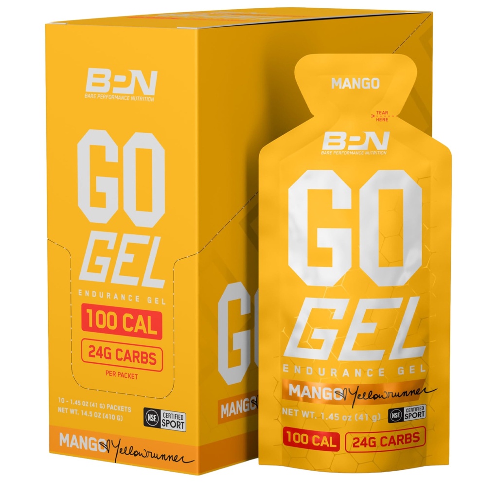 BARE YDEEVNE NETRITION, BPN Go Gel Endurance, 24g Kulhydrater & 100 kalorier per pakke, Vegan + Gluten Free Running Gel, 10 Single-Serving Packs, Mango