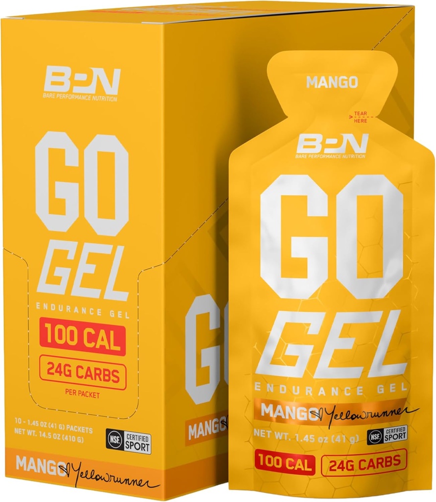 BARE YDEEVNE NETRITION, BPN Go Gel Endurance, 24g Kulhydrater & 100 kalorier per pakke, Vegan + Gluten Free Running Gel, 10 Single-Serving Packs, Mango