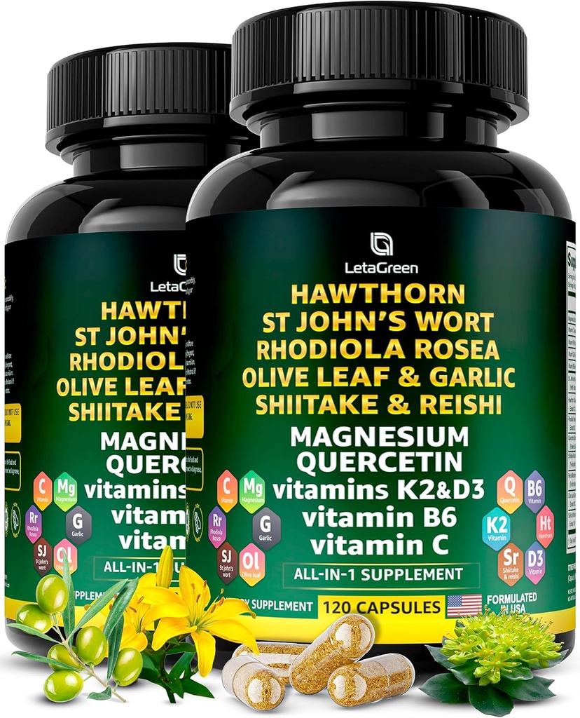 Organic Hawthorn Berry Kapsler - Hawthorn Berry med St Johns Wort Rhodiola Rosea Olive Leaf Shiitake Reishi Mushroom Quercetin & C-vitamin, D3, K2, B6 & Magnesium (240 Tæl)