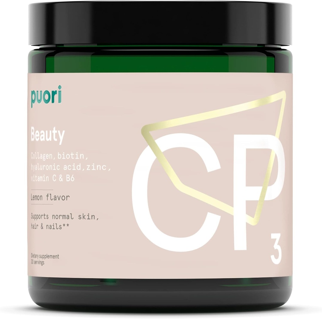 Puori collagen pulver supplement med biotin & hyaluronsyre, CP3 skønhed kompleks - hydrolyseret collagen peptider - hud, hår & negle - zink, vitamin B, C-vitamin - Lemon