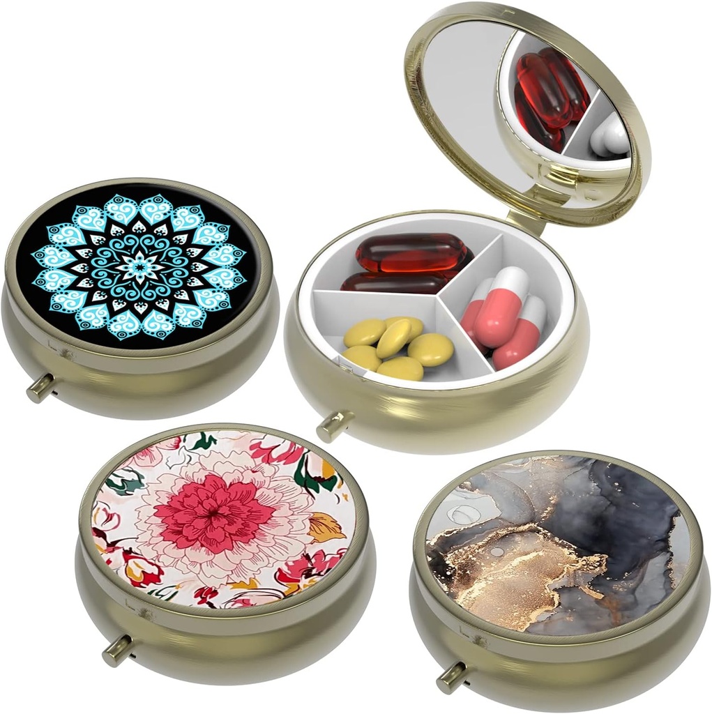 Lille Pill Box, Pill sag for purse & Pocket, 3 Compartments Travel Pill sag Medicin Organizer Opbevaring til vitaminer, piller, fiskeolie og øreringe, Studs, Bronze- 3Round