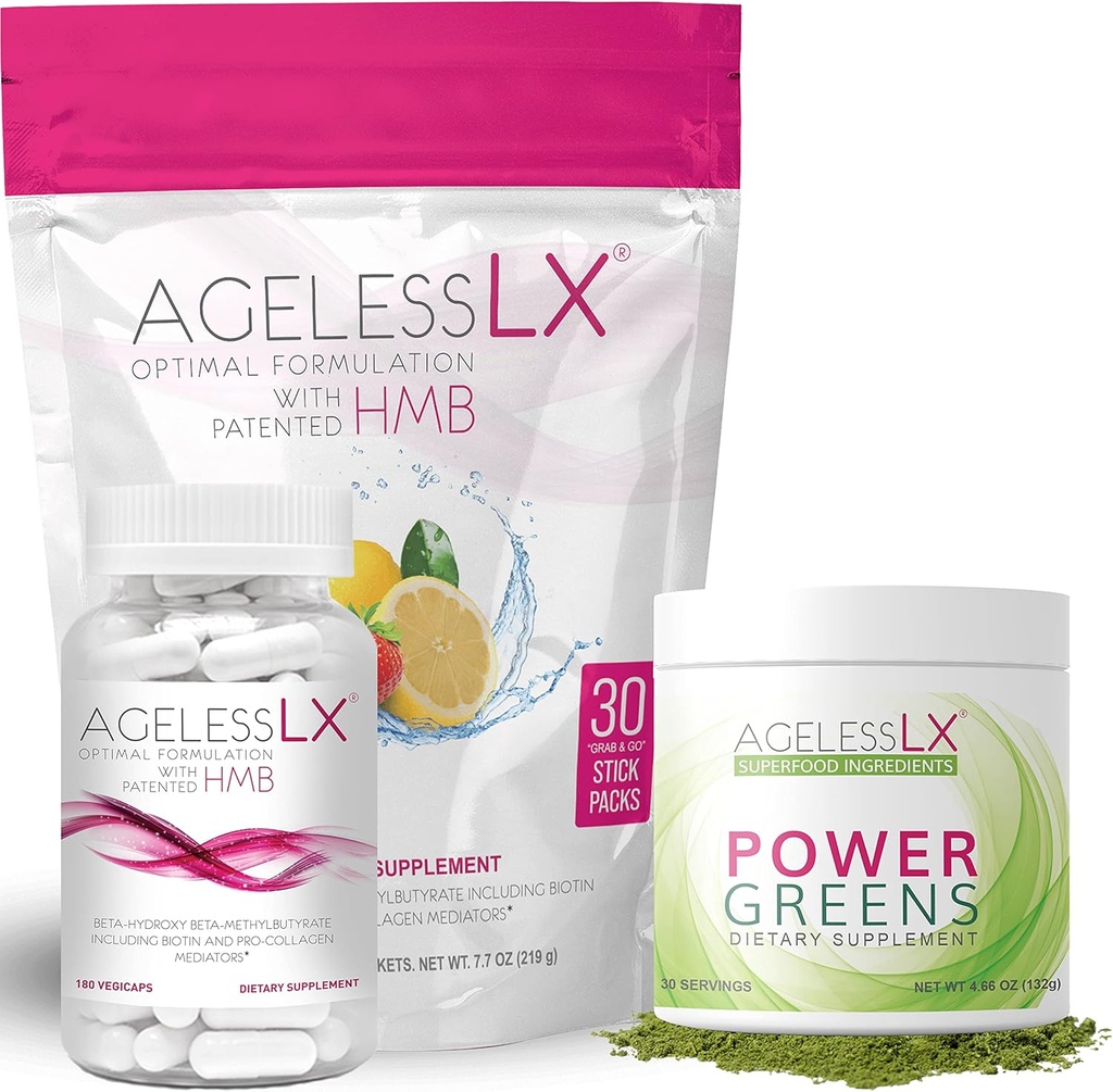AgelesslX Biotin supplement kapsler, Strawberry Lemonade & Power Green pulver bundle - Anti Aging kosttilskud