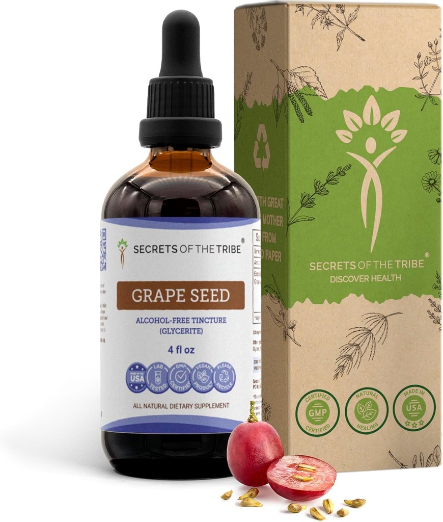 Secrets of the Tribe Grape Seed Tincture Alcohol- Free Liquid Extract, Grape (Vitis Vinifera) Tørret frø (4 FL OZ)