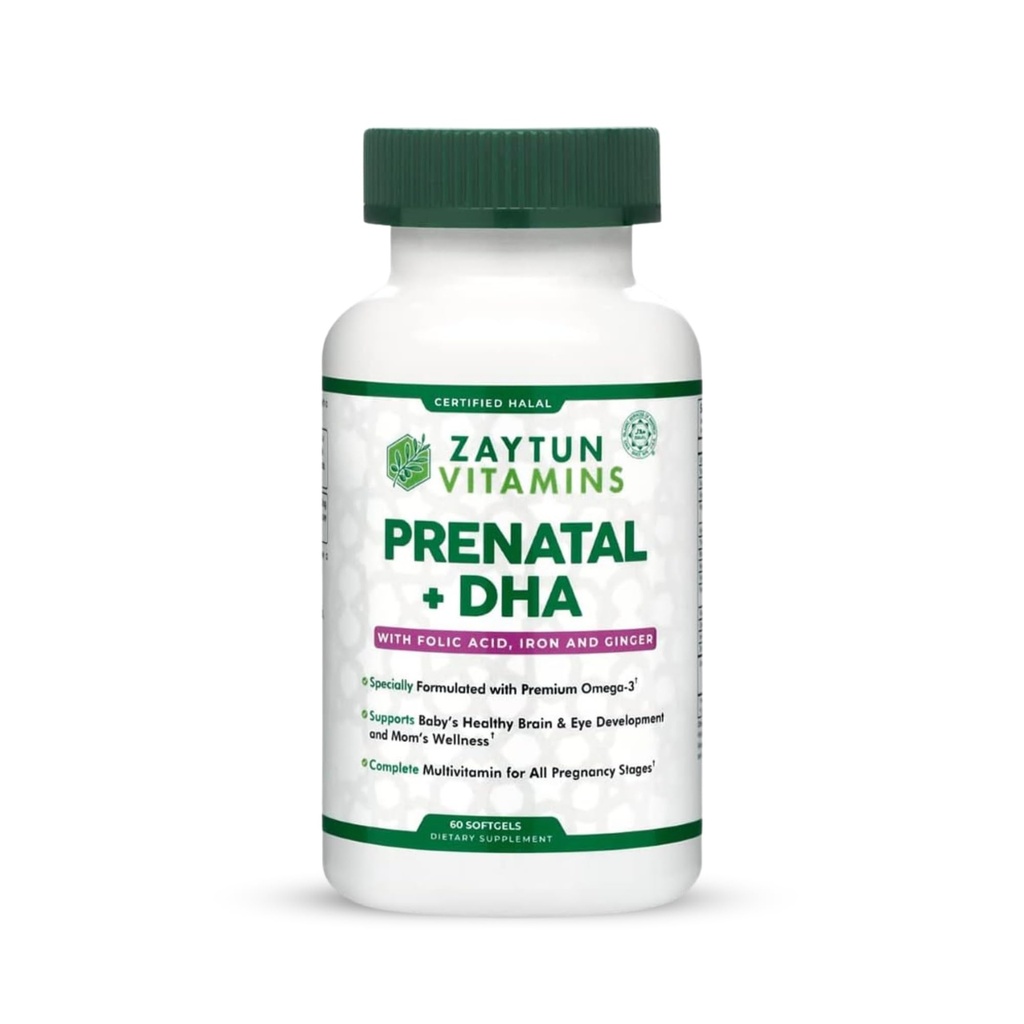 Halal Prenatal Vitaminer + DHA, Folinsyre Jern, Ingefær til lindring, One Daily, for alle graviditetsstadier, Gluten Free, Non- GMO, 60 Softels, 2 Months Supply, USA Made, Halal Vitaminer