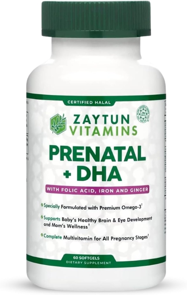Halal Prenatal Vitaminer + DHA, Folinsyre Jern, Ingefær til lindring, One Daily, for alle graviditetsstadier, Gluten Free, Non- GMO, 60 Softels, 2 Months Supply, USA Made, Halal Vitaminer