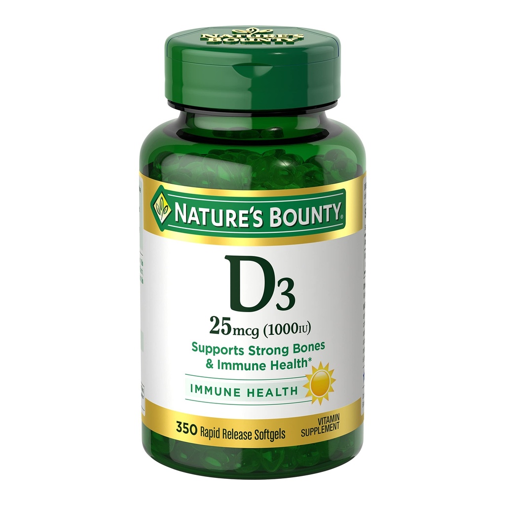 Naturens Bounty Vitamin D3 1000 IE Softgels, immunforsvar, fremmer sunde knogler, 1 Softgel per dag, Gluten Free, 350 Greve