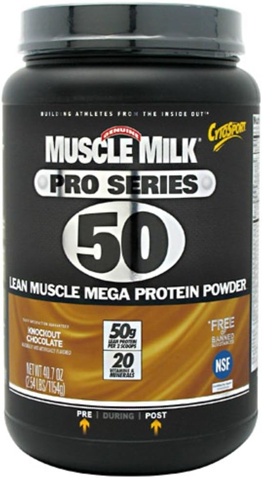 Muscle Milk Pro Series Protein Powder Supplement, Knockout Chokolade, 2,54 Pund, 14 Servering, 50g Protein, 3g Sukker, 20 Vitamin & Mineraler, NSF Certificeret til Sport, Packaging May Vary