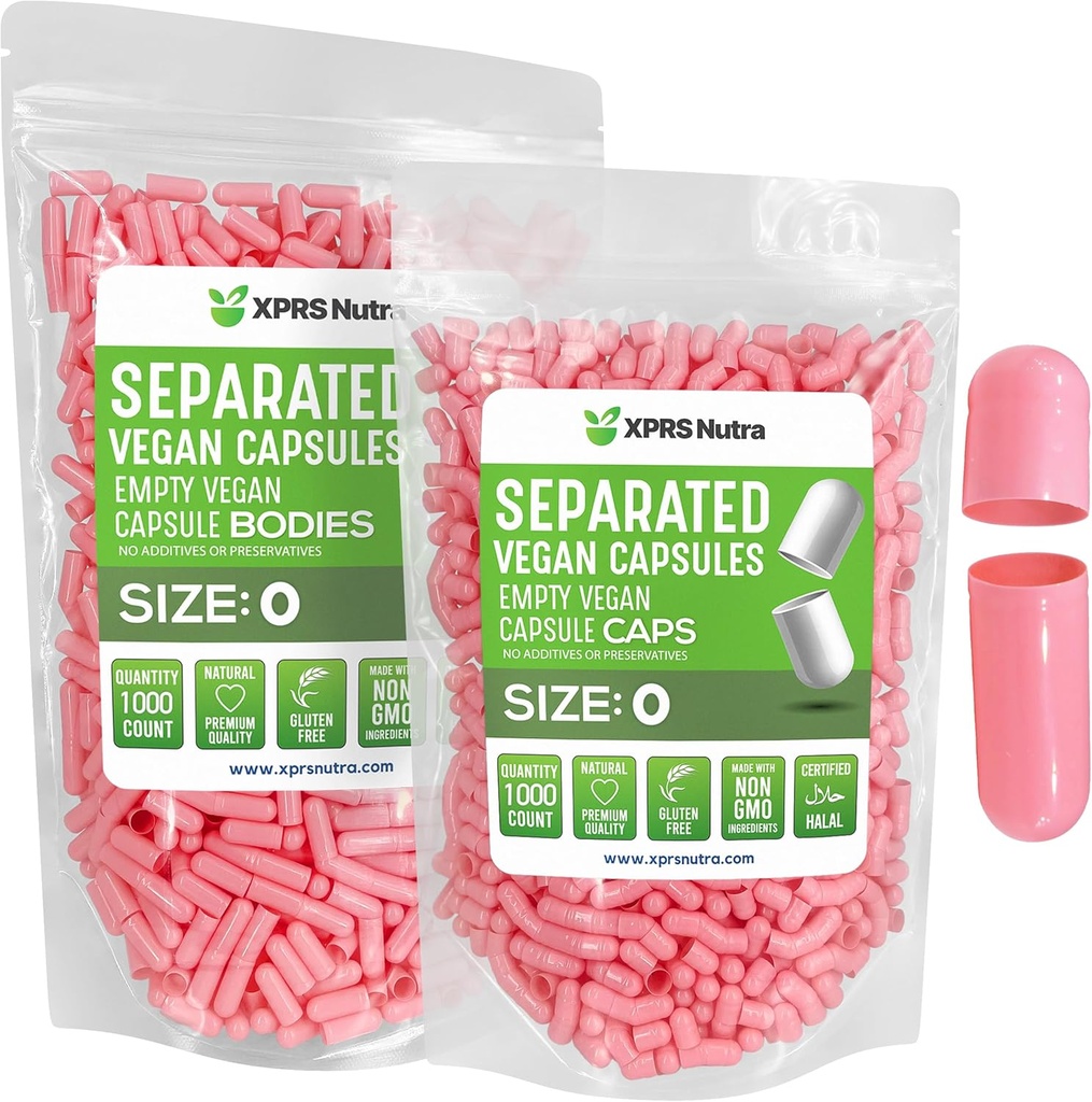 XPRS Nutra Vegan Størrelse 0 Separated Kapsler - 1000 Grev Premium Tomme Kapsler Separeret i poser - 0 Piller til DIY Supplement Fyldning (Pink)