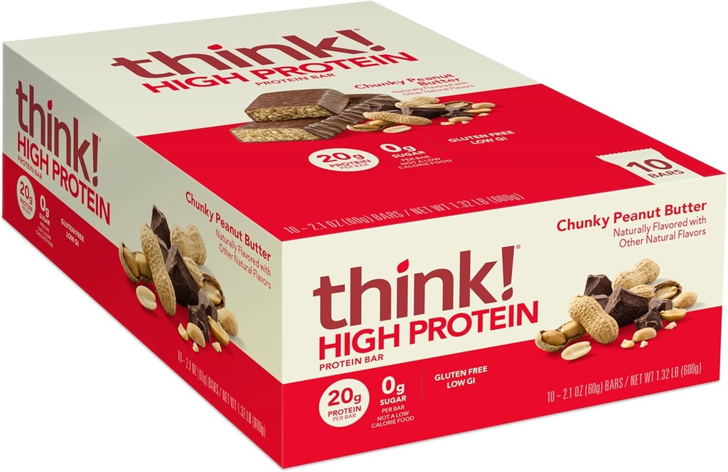Tænk! Proteinbarer, High Protein Snacks, Gluten Free, Kosher Friendly, Chunky Peanut Butter, Nutrition Bars, 2.1 Oz per Bar, 10 Greve (Packaging May Vary)