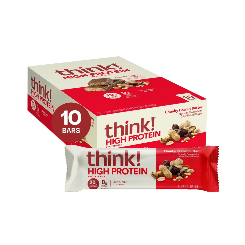 Tænk! Proteinbarer, High Protein Snacks, Gluten Free, Kosher Friendly, Chunky Peanut Butter, Nutrition Bars, 2.1 Oz per Bar, 10 Greve (Packaging May Vary)