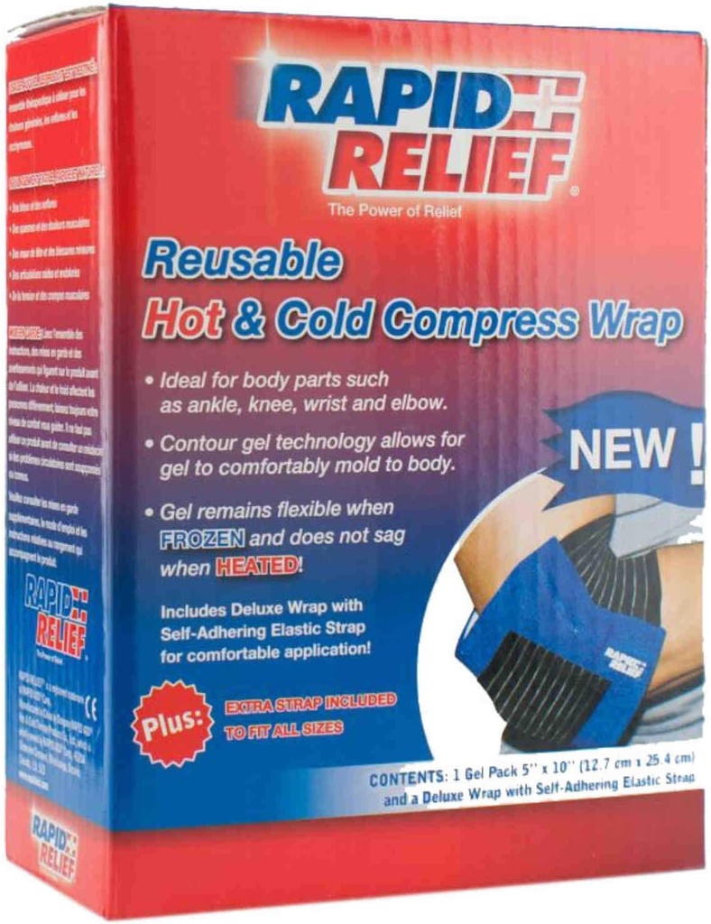 Rapid Relief Deluxe Reusable Hot and Cold Compress - Small Flexible Ice Pack Hot Cold Therapy Pack for Elbow, Knee & Joint Pain with Adjustable Strap, Freeze or Microwave