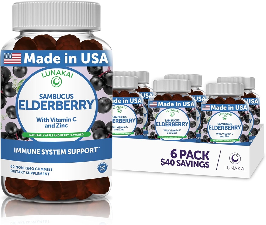 Lunakai Sambucus Elderberry Gummies med zink & C-vitamin til voksne og børn - 100mg Black Elderberry Vitaminer immunsupport supplement - Vegan, non-GMO, No Corn Syrup - 6 Pack