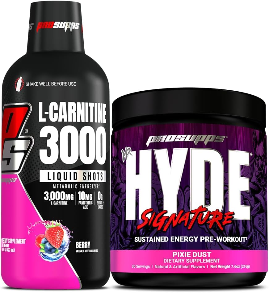 PROSUPPS L- Carnitin 3000 Stimulant Free Liquid Shots (31 Servere, Berry) og Mr. Hyde Signature Series Pre- Workout Energy Poweded Drink (30 Servere, Pixie Dust) Bundle
