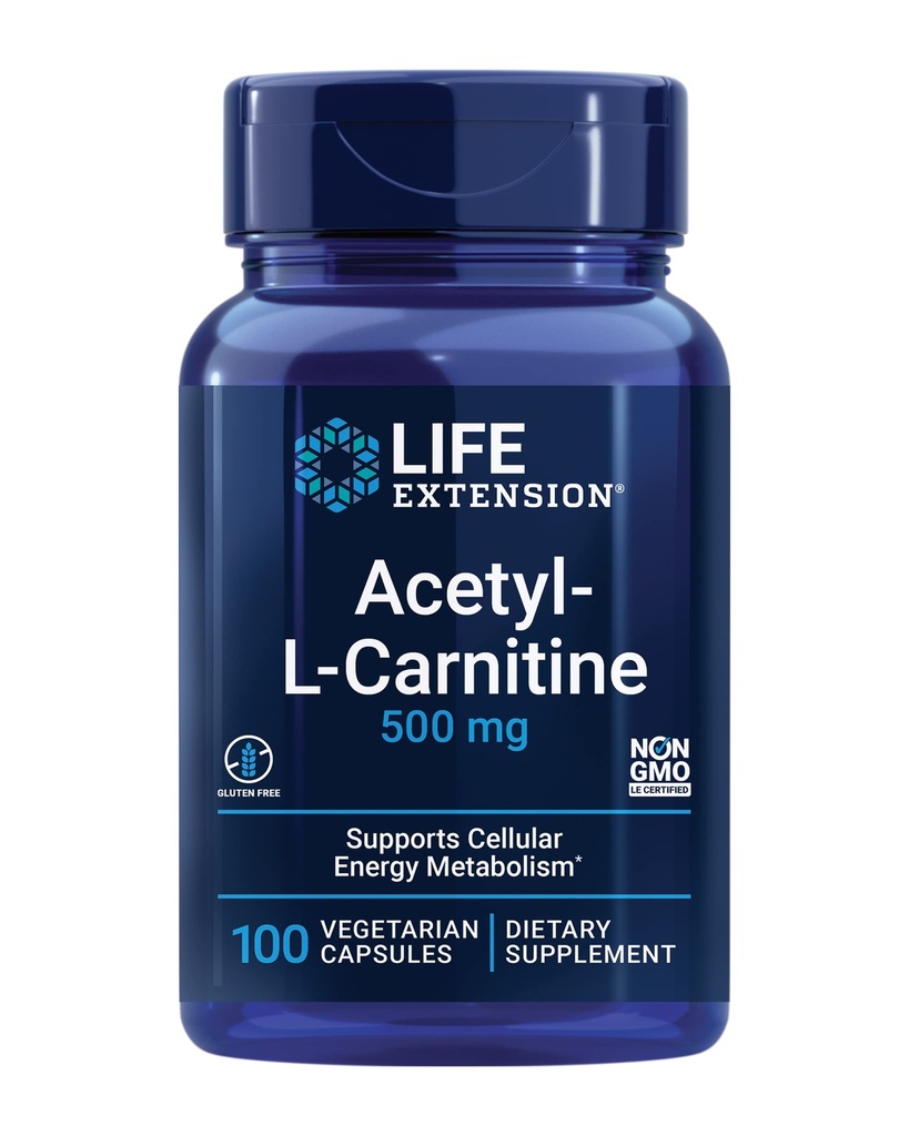 Life Extension Acetyl- L- Carnitin, Acetyl- L- Carnitin, C-vitamin, Brain, Mood & Nerve Health, Cellular Energy, 3-måned Supply, Gluten- Free, Non-GMO, Vegetar, 100 Kapsler