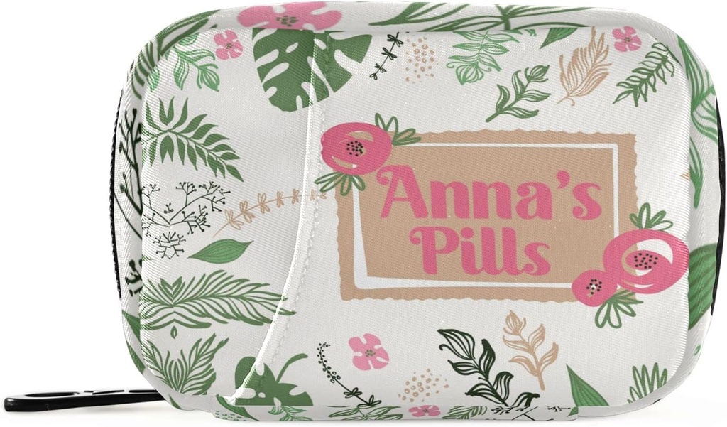 Custom Pill Box 7 Day Pill Case Bag Leaves Flowers Personalized Name Travel Pill Organizer Bag with Zipper Portable Weekly Case Compact Size for Vitamin Supplement Holder