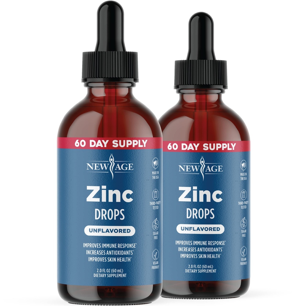 Flydende zinkdråber til alle aldre efter NY AGE - Zink Sulfate til immunforsvar, Vegan, Non- GMO & Gluten Free, 60 Day Supply, 2-Pack